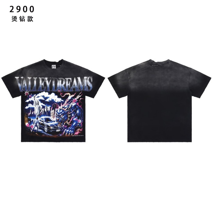Lightning Leopard Statue of Liberty Print Rhinestone Embroidered Letter Washed Version Tee 28757618