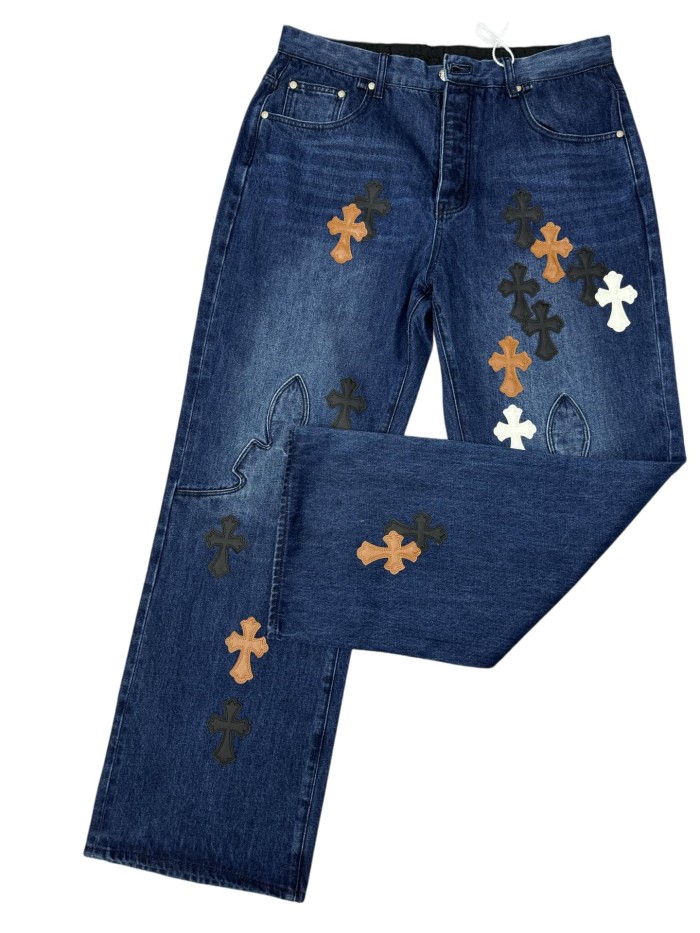 1:1 quality version Distressed Blue Multi-Color Cross Leather Patch Jeans 28903074