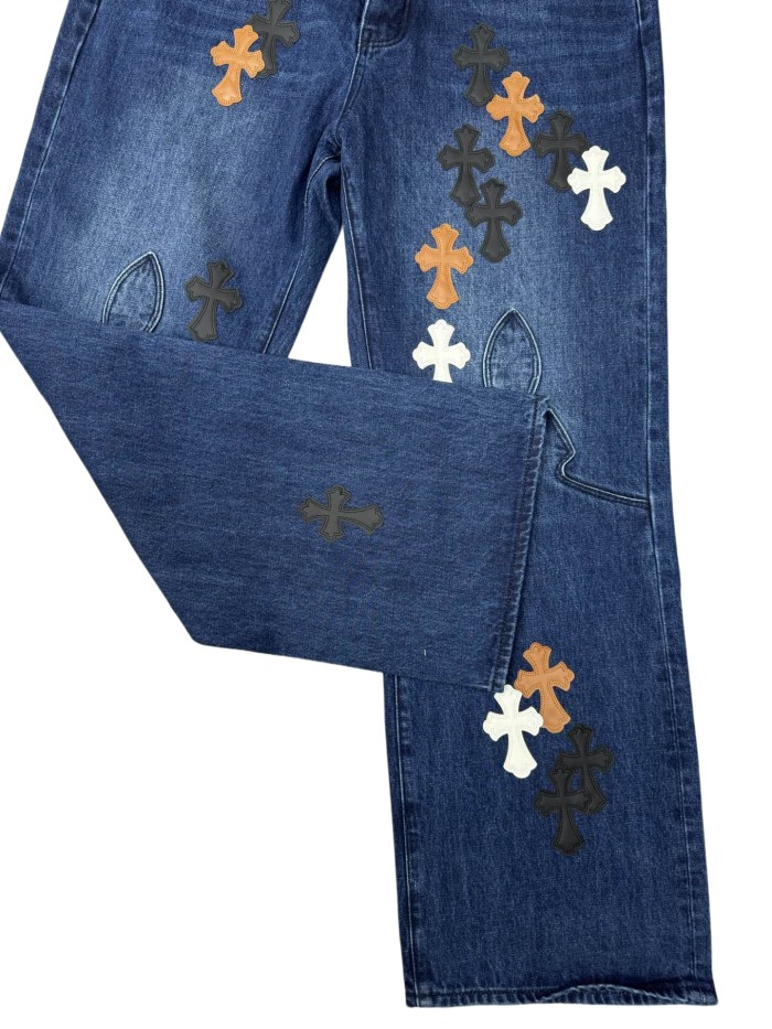 1:1 quality version Distressed Blue Multi-Color Cross Leather Patch Jeans 28903074