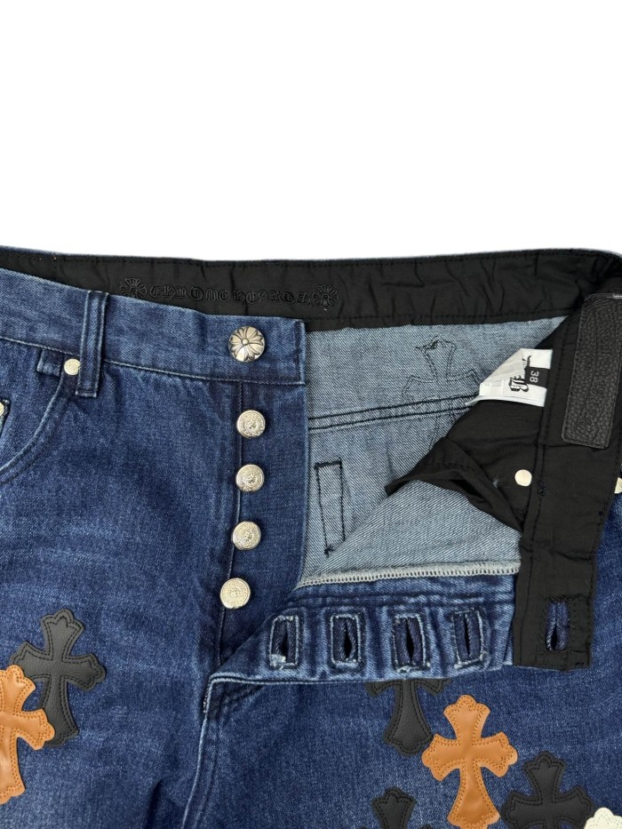 1:1 quality version Distressed Blue Multi-Color Cross Leather Patch Jeans 28903074