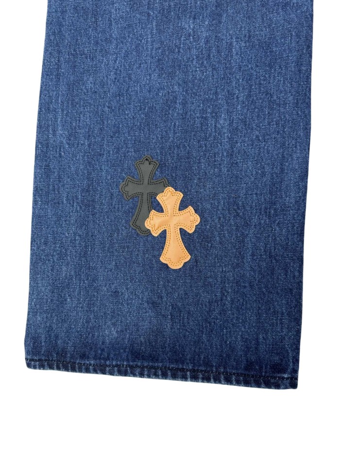 1:1 quality version Distressed Blue Multi-Color Cross Leather Patch Jeans 28903074