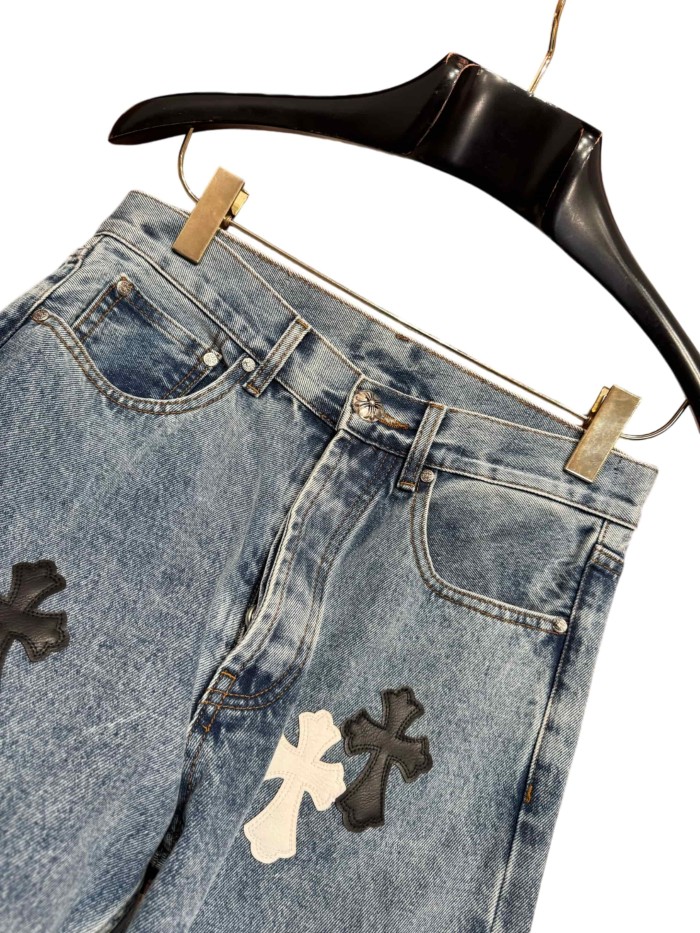 1:1 quality version  washed black and white cross leather jeans 28959651