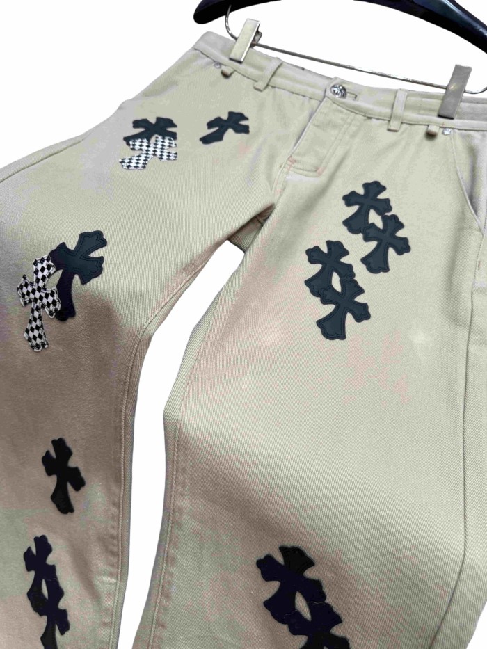 1:1 quality version  checkered pattern and black cross leather appliqués jeans 28959448