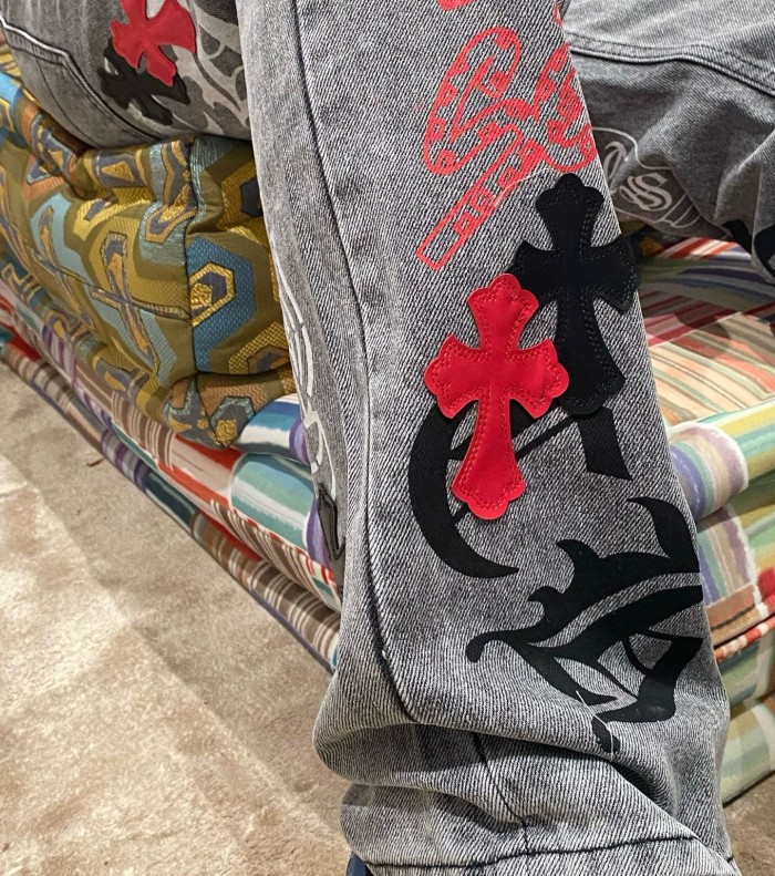 1:1 quality version  black and red cross genuine leather appliqué printed jeans 28959554