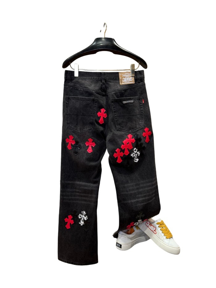 1:1 quality version  leopard print, flame and cross motifs heavy-duty jeans 28959669