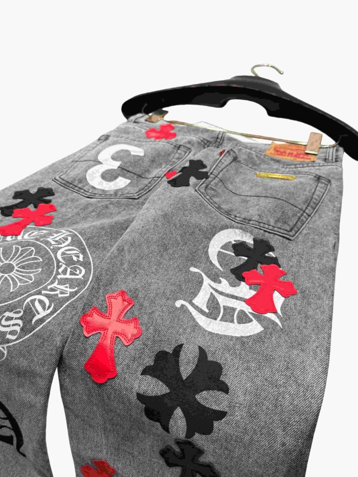 1:1 quality version  black and red cross genuine leather appliqué printed jeans 28959554