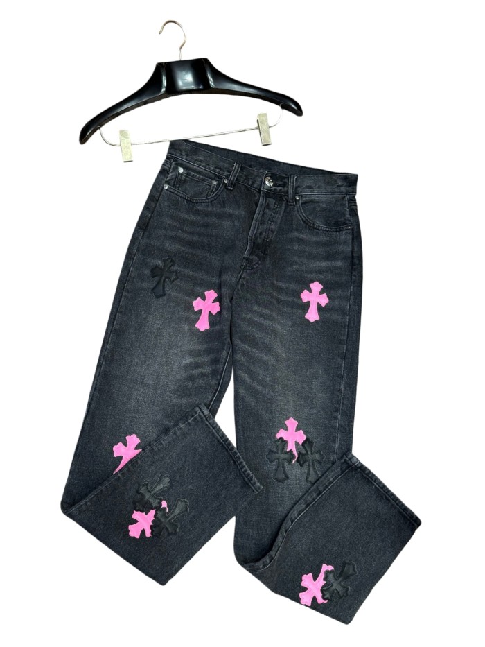 1:1 quality version  black & pink cross appliqué washed straight-leg jeans 28959382