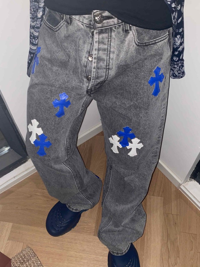 1:1 quality version  classic blue and white color scheme cross washed jeans 28959437