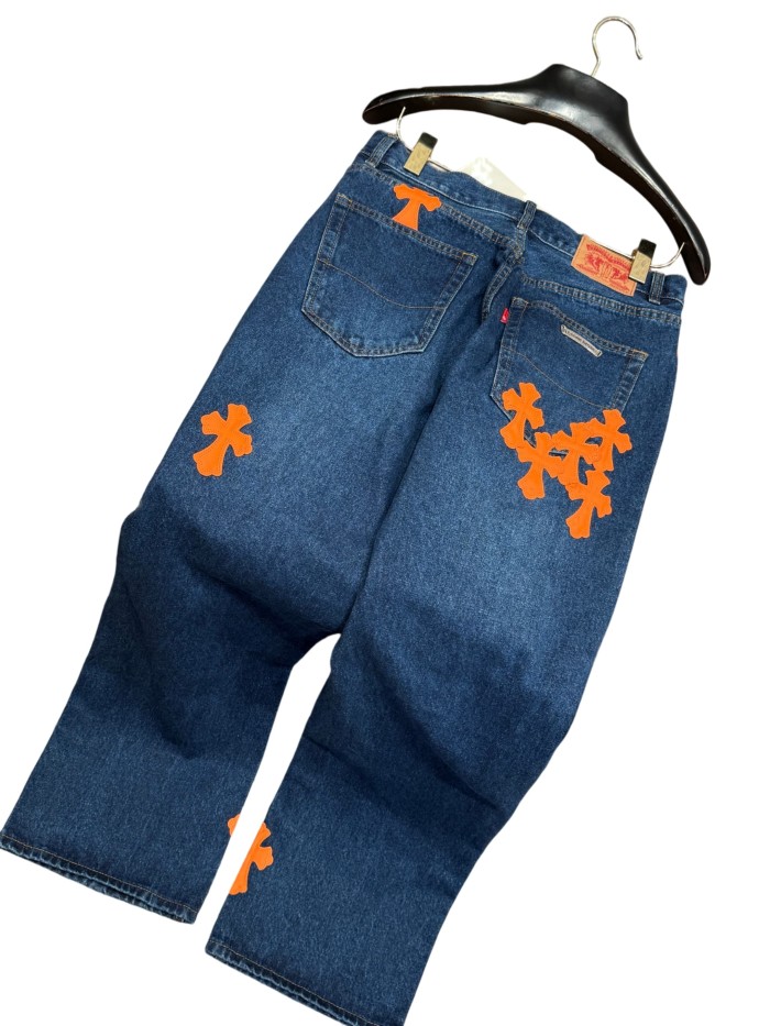 1:1 quality version  orange cross leather appliqués washed jeans 28959532