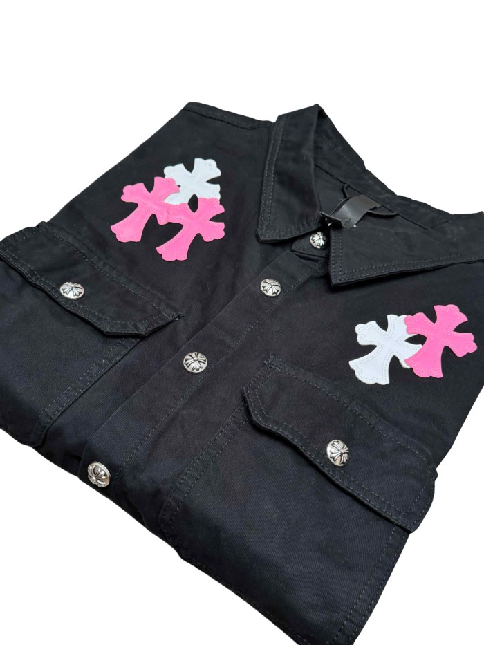1:1 quality version pink & white cross leather patches denim Vintage jacket 28959621