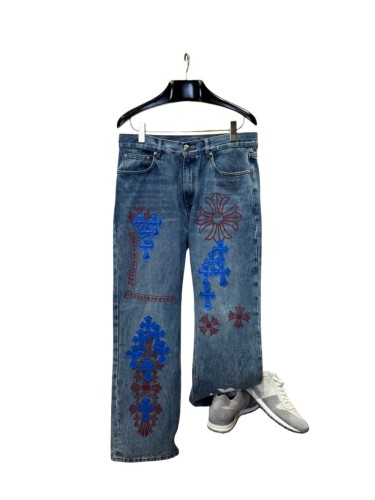 1:1 quality version  blue crosses and red flower appliqués washed blue jeans 28959455