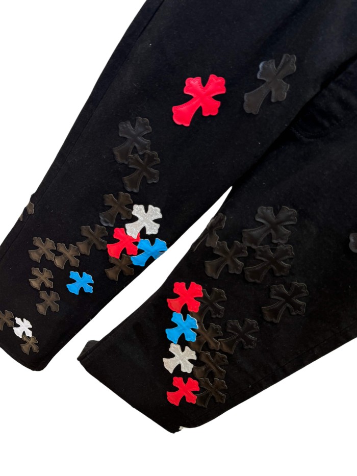 1:1 quality version  color-block cross appliqué glitter jeans 28959574