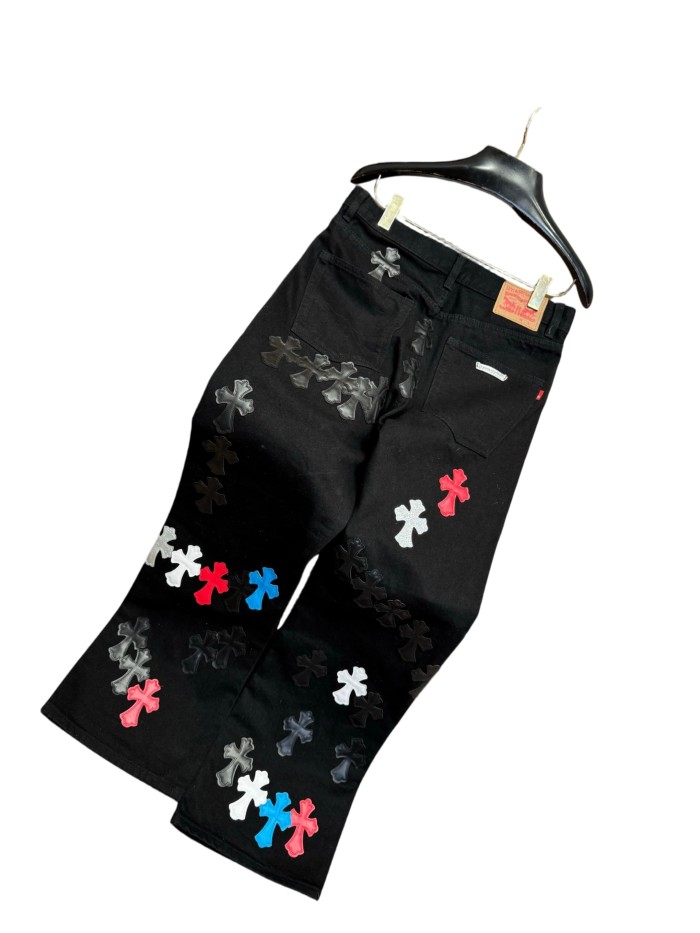 1:1 quality version  color-block cross appliqué glitter jeans 28959574