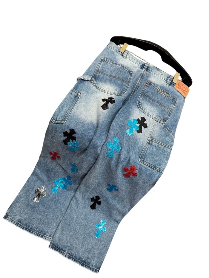 1:1 quality version  colored glitter cross distressed vintage washed jeans 28959375