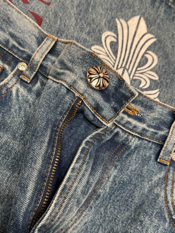 1:1 quality version  blue crosses and red flower appliqués washed blue jeans 28959455