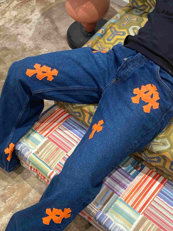 1:1 quality version  orange cross leather appliqués washed jeans 28959532