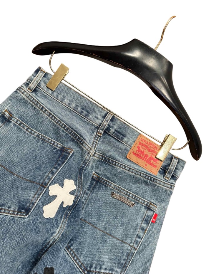 1:1 quality version  washed black and white cross leather jeans 28959651