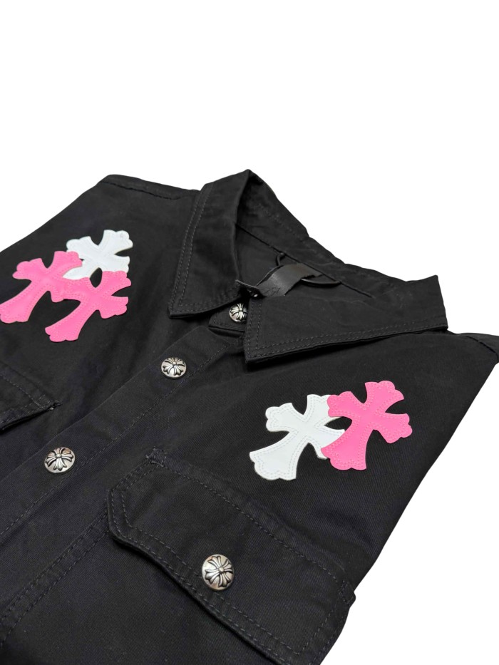 1:1 quality version pink & white cross leather patches denim Vintage jacket 28959621