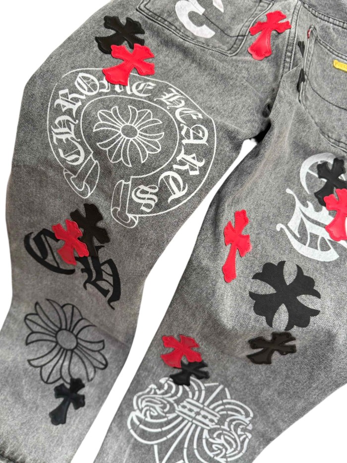 1:1 quality version  black and red cross genuine leather appliqué printed jeans 28959554