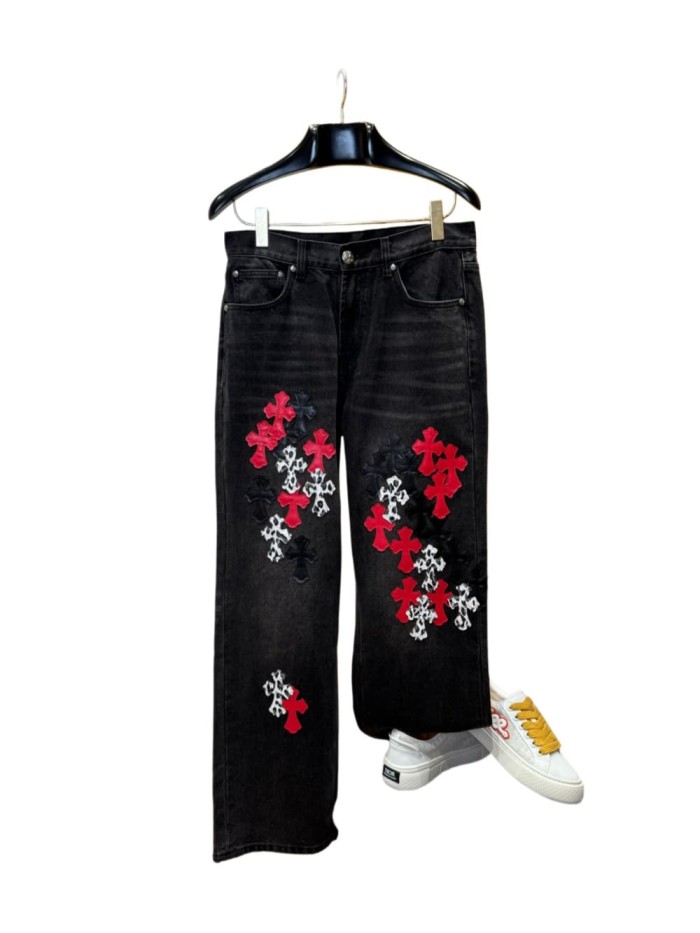 1:1 quality version  leopard print, flame and cross motifs heavy-duty jeans 28959669