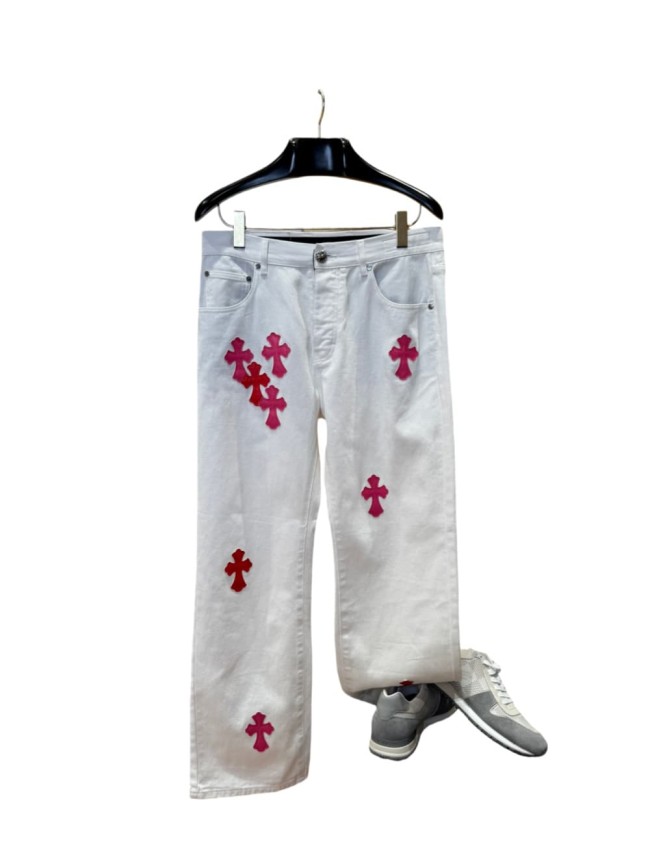 1:1 quality version  pink & white cross leather patch washed jeans 28959540