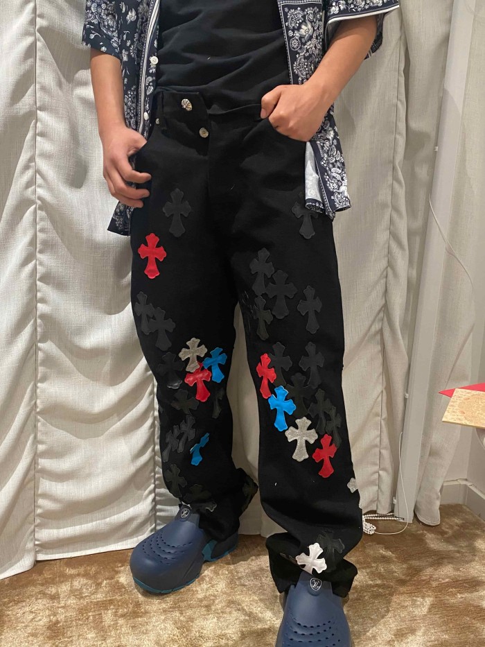 1:1 quality version  color-block cross appliqué glitter jeans 28959574
