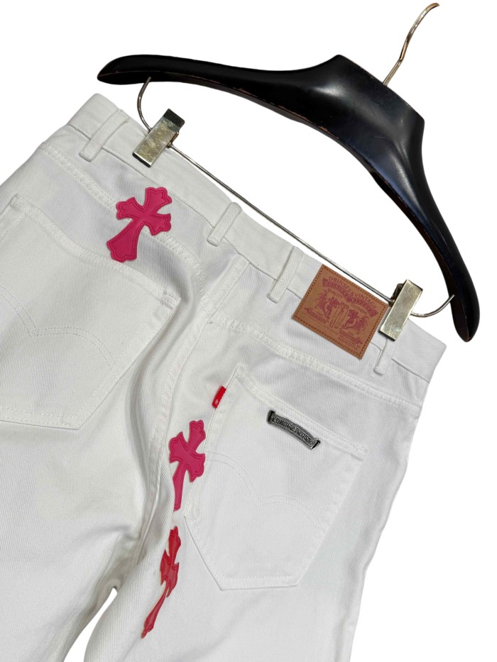 1:1 quality version  pink & white cross leather patch washed jeans 28959540