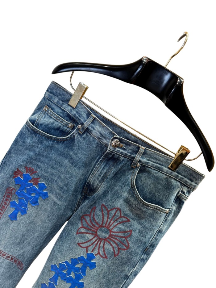 1:1 quality version  blue crosses and red flower appliqués washed blue jeans 28959455