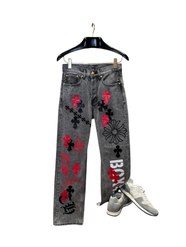 1:1 quality version  black and red cross genuine leather appliqué printed jeans 28959554
