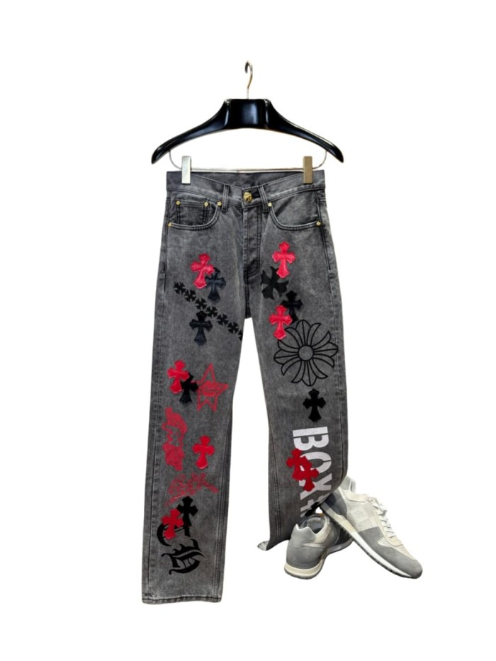 1:1 quality version  black and red cross genuine leather appliqué printed jeans 28959554