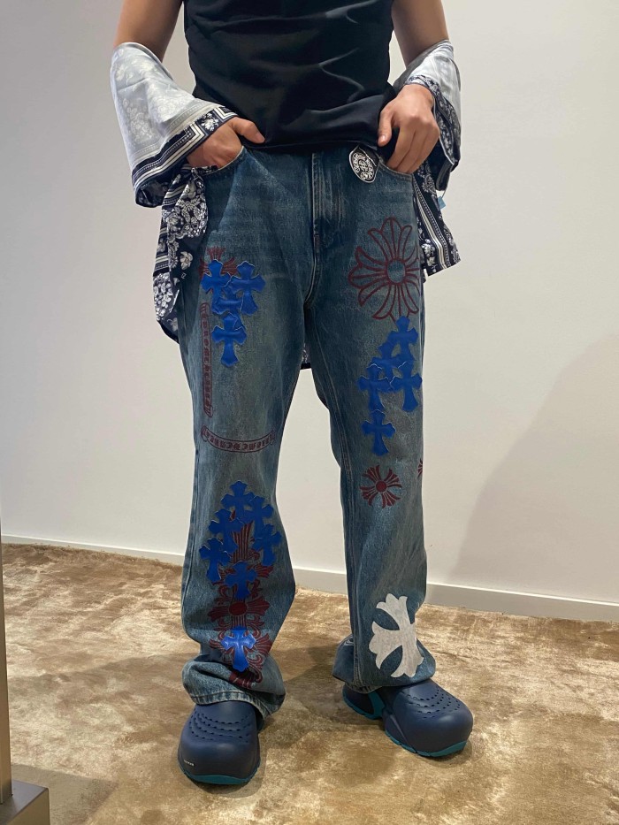1:1 quality version  blue crosses and red flower appliqués washed blue jeans 28959455