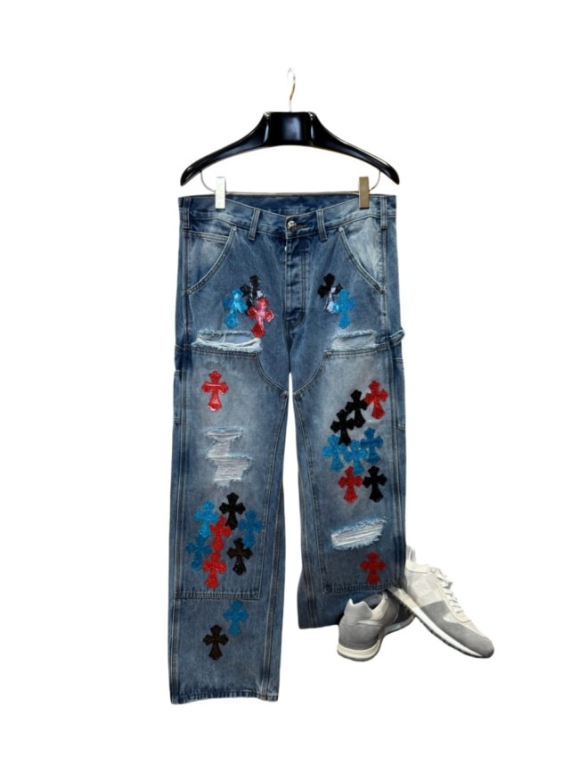 1:1 quality version  colored glitter cross distressed vintage washed jeans 28959375