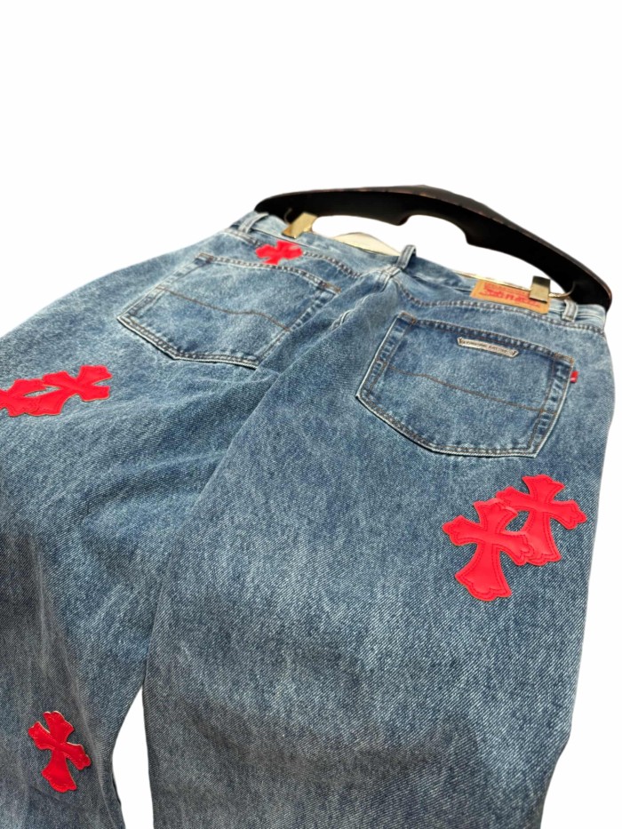 1:1 quality version  red cross leather appliqués washed jeans 28959518