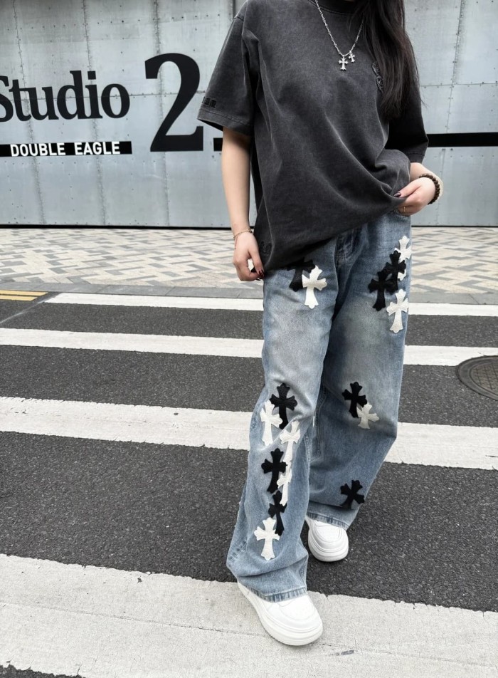 1:1 quality version  washed black and white cross leather jeans 28959651