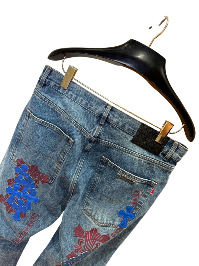1:1 quality version  blue crosses and red flower appliqués washed blue jeans 28959455