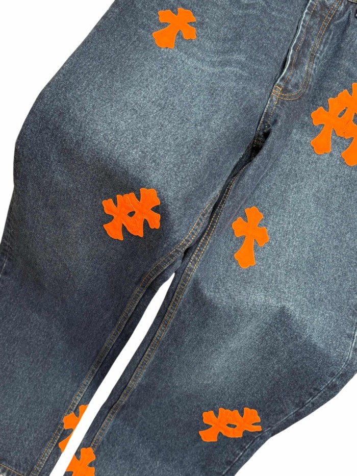 1:1 quality version  orange cross leather appliqués washed jeans 28959532