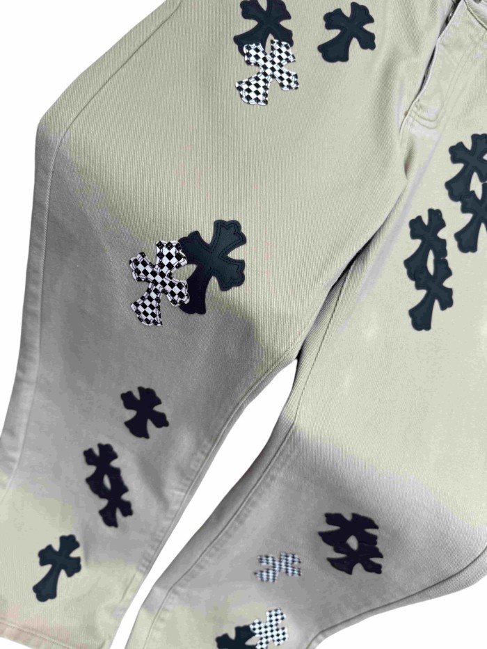 1:1 quality version  checkered pattern and black cross leather appliqués jeans 28959448