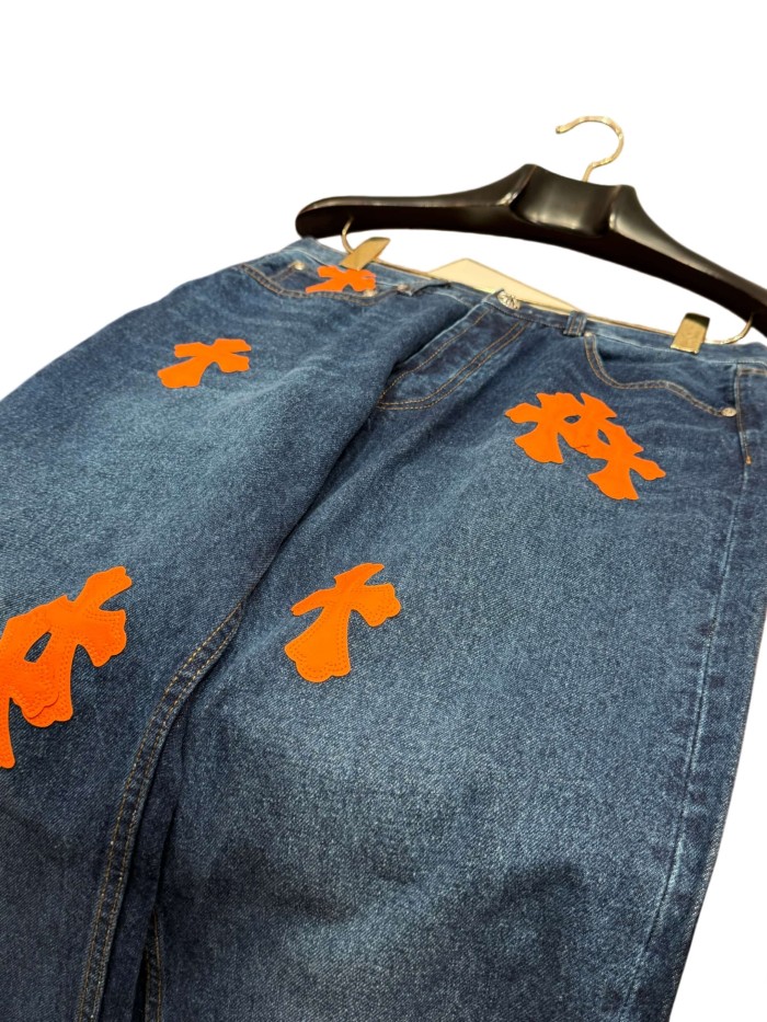 1:1 quality version  orange cross leather appliqués washed jeans 28959532