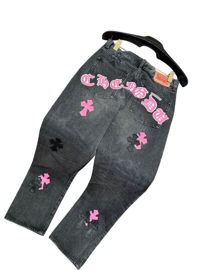 1:1 quality version  black & pink cross appliqué washed straight-leg jeans 28959382