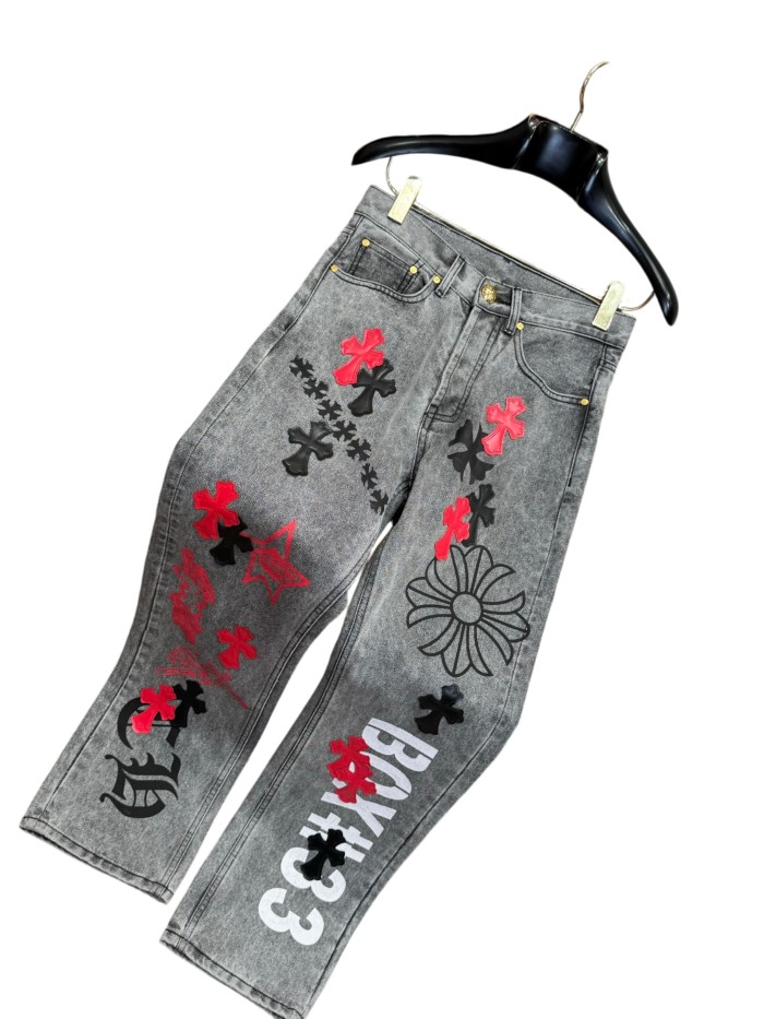 1:1 quality version  black and red cross genuine leather appliqué printed jeans 28959554