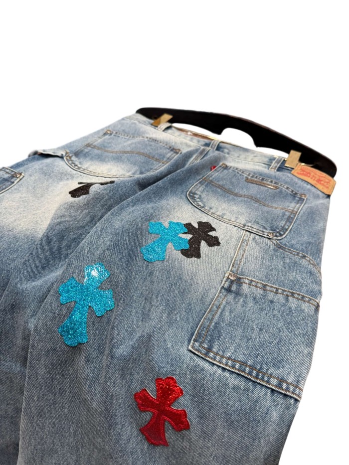 1:1 quality version  colored glitter cross distressed vintage washed jeans 28959375