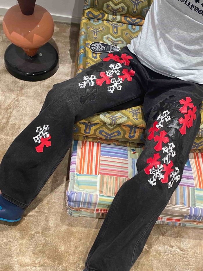 1:1 quality version  leopard print, flame and cross motifs heavy-duty jeans 28959669