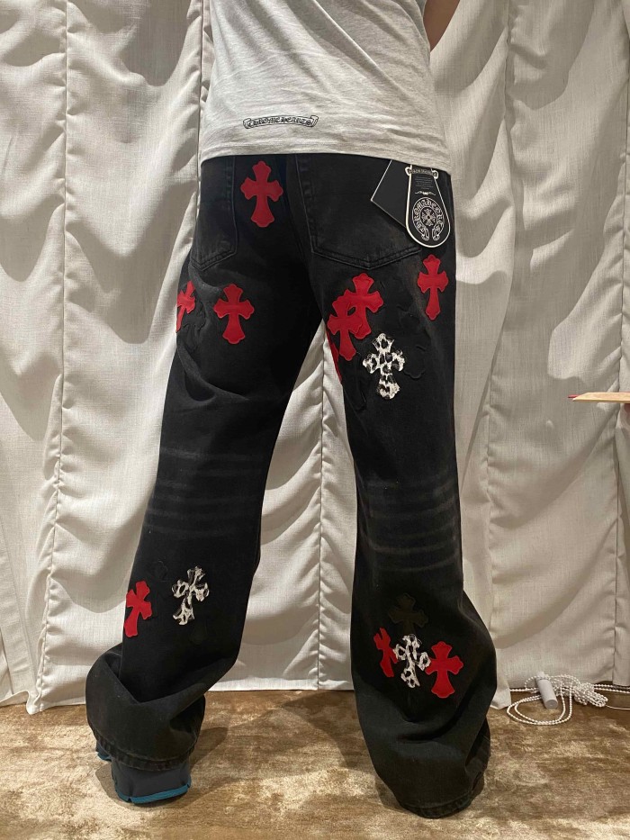 1:1 quality version  leopard print, flame and cross motifs heavy-duty jeans 28959669