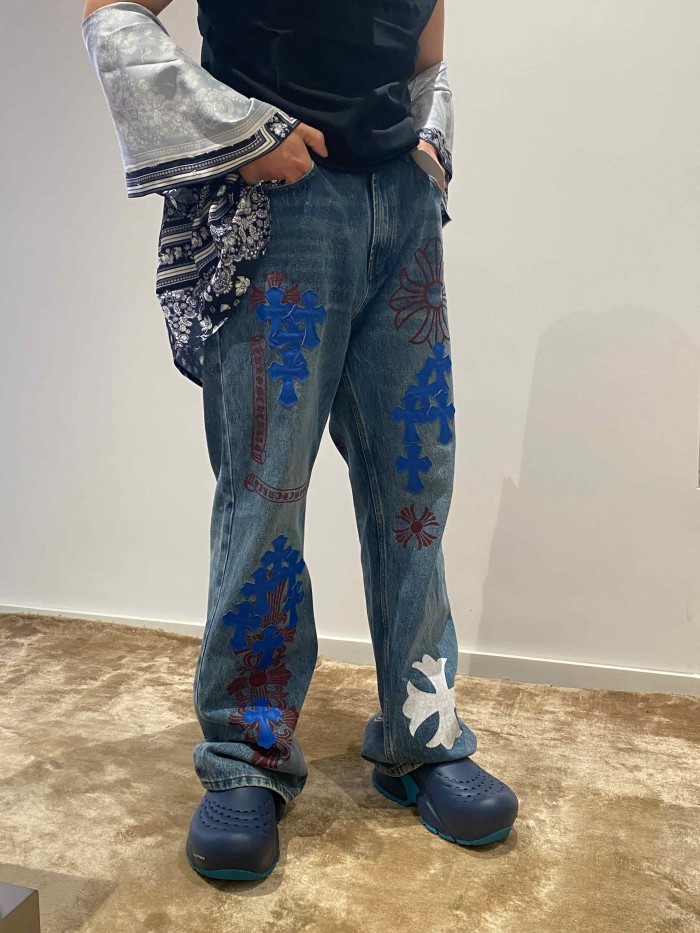 1:1 quality version  blue crosses and red flower appliqués washed blue jeans 28959455