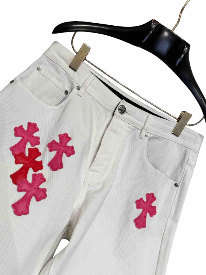 1:1 quality version  pink & white cross leather patch washed jeans 28959540