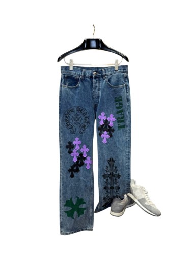 1:1 quality version  black & purple color-block cross leather prints jeans 28959500