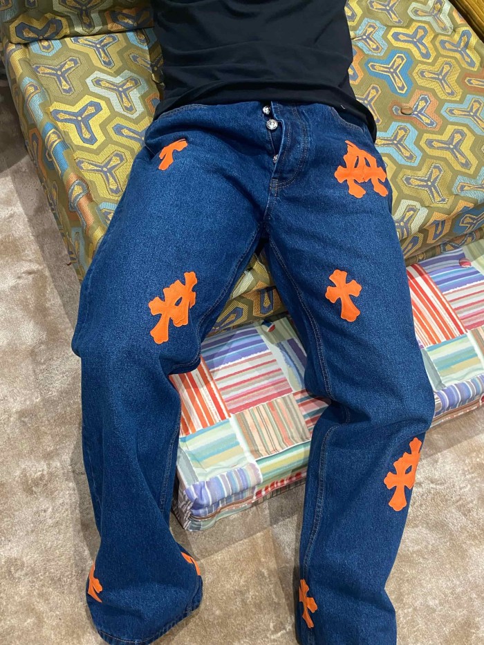 1:1 quality version  orange cross leather appliqués washed jeans 28959532