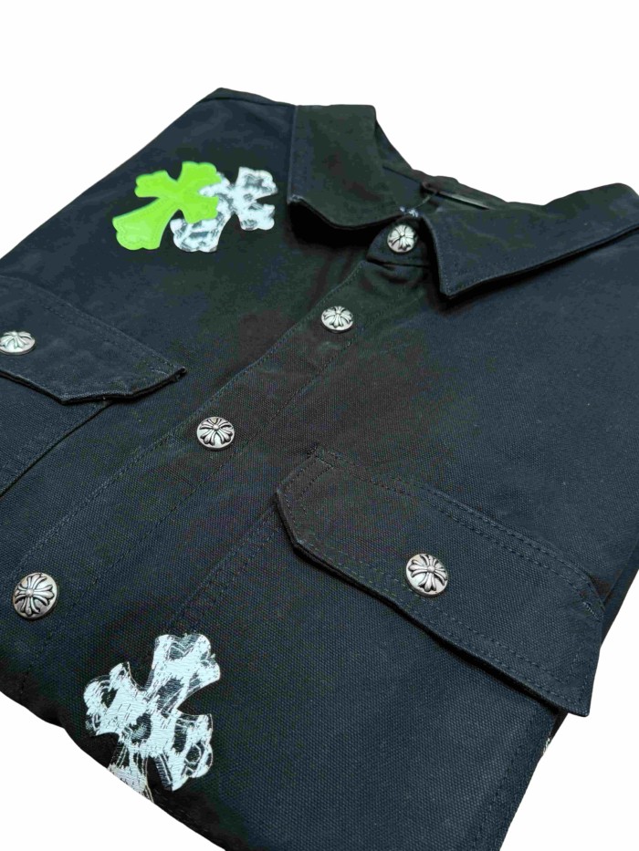 1:1 quality version green & white cross leather patches denim Vintage jacket 28959603