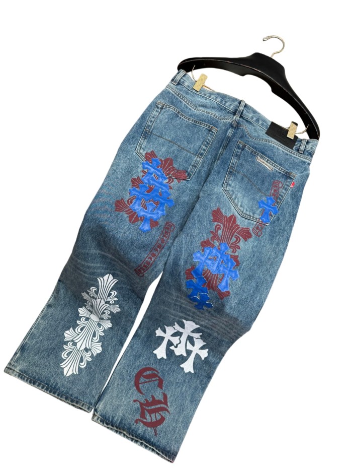 1:1 quality version  blue crosses and red flower appliqués washed blue jeans 28959455