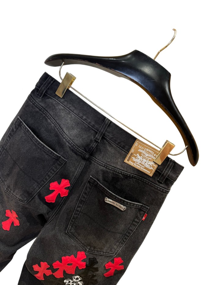 1:1 quality version  leopard print, flame and cross motifs heavy-duty jeans 28959669